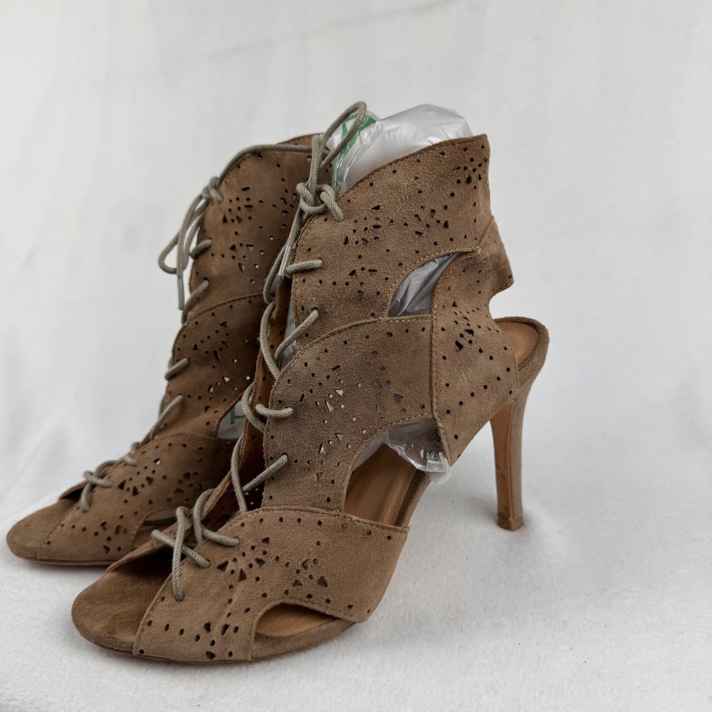 Joie Suede Leather Lace Up‎ Open Toe High Heel Cutout Booties Size 37.5